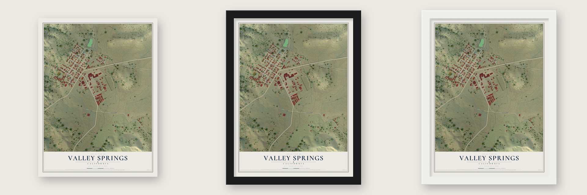 Valley Springs, California map unframed, in a black wood frame and in a white wood frame