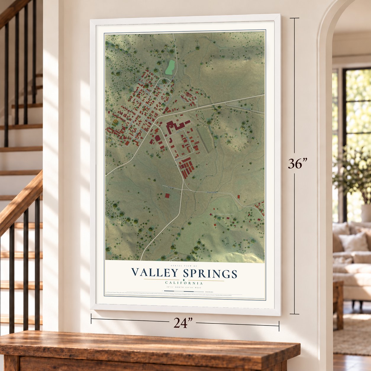 Valley Springs, California map, 24 x 36 inch print in a white frame by a staircase