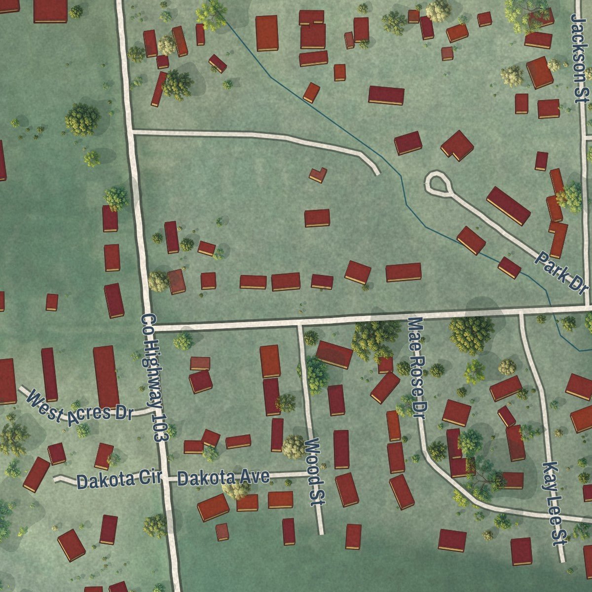 Second close-up of the map of Valley Springs, South Dakota print showing more streets and buildings