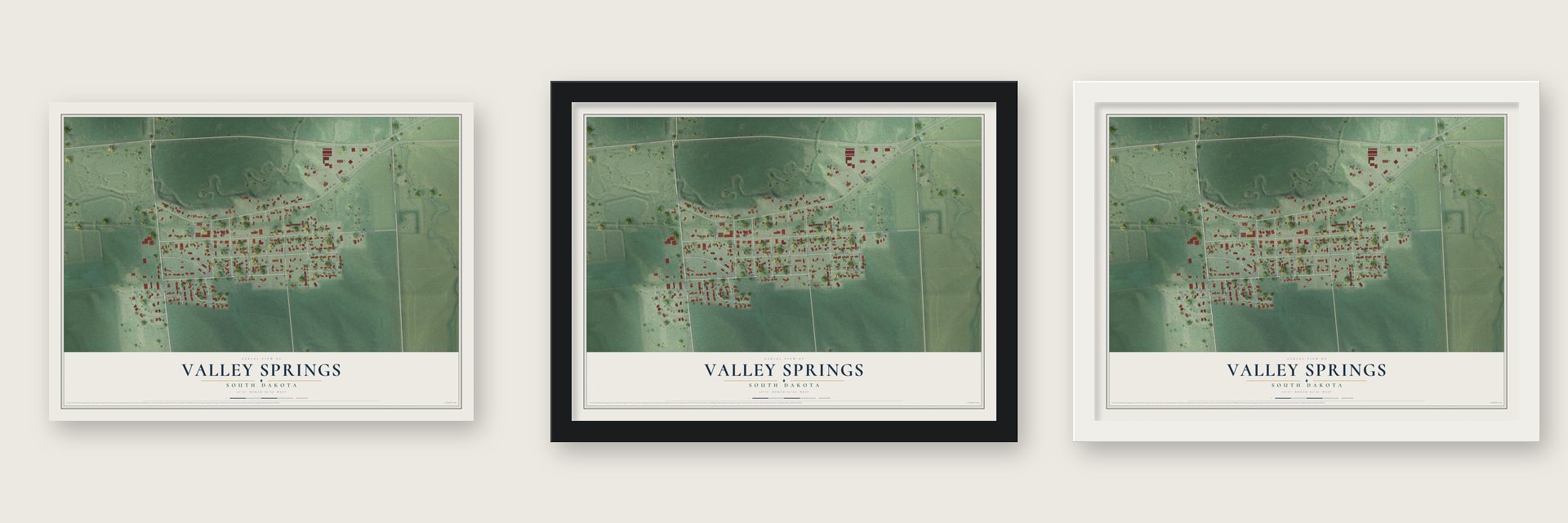 Valley Springs, South Dakota map unframed, in a black wood frame and in a white wood frame