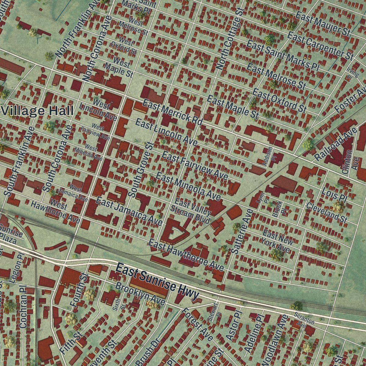Second close-up of the map of Valley Stream, New York print showing more streets and buildings