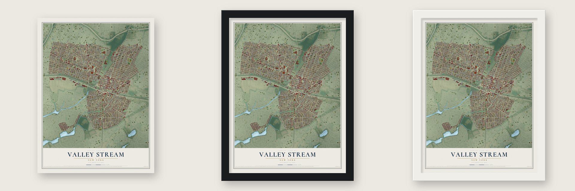Valley Stream, New York map unframed, in a black wood frame and in a white wood frame