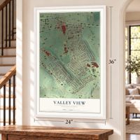 Valley View, Pennsylvania map, 24 x 36 inch print in a white frame by a staircase