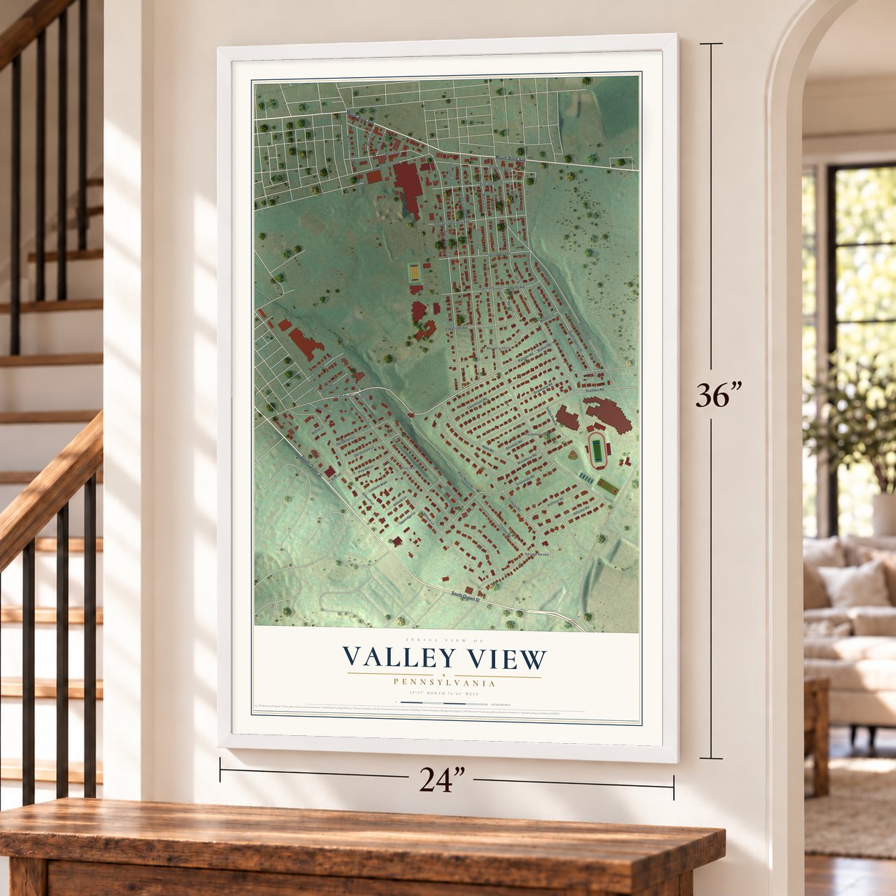 Valley View, Pennsylvania map, 24 x 36 inch print in a white frame by a staircase