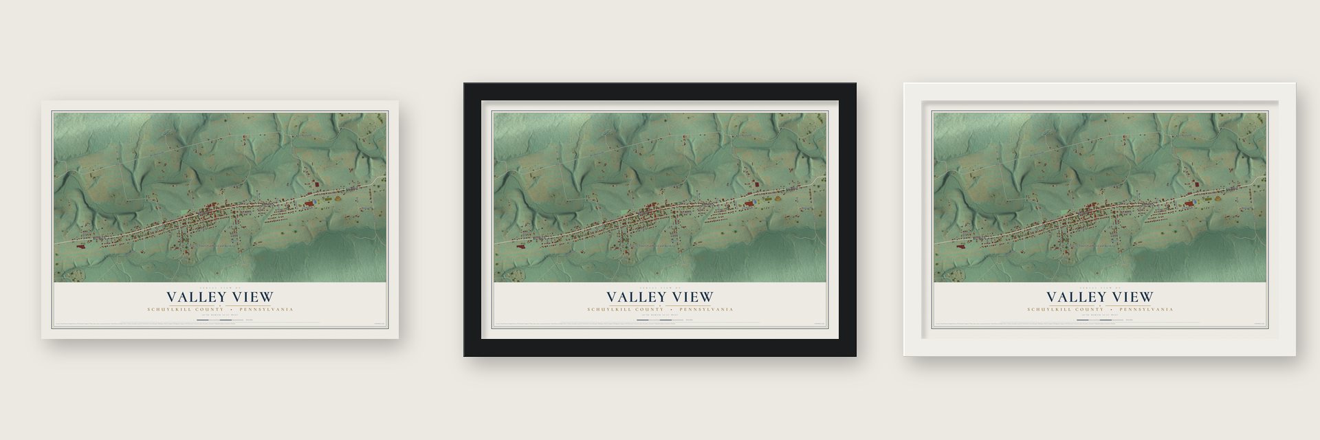 Valley View, Schuylkill County, Pennsylvania map unframed, in a black wood frame and in a white wood frame