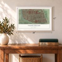 Valley Village, California map, 12 x 18 inch print in a white frame in an entryway