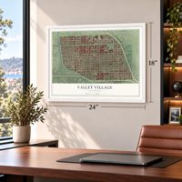 Valley Village, California map, 18 x 24 inch print in a white frame in a home office