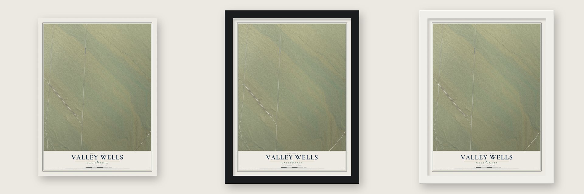 Valley Wells, California map unframed, in a black wood frame and in a white wood frame