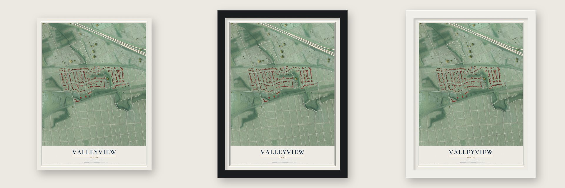 Valleyview, Ohio map unframed, in a black wood frame and in a white wood frame