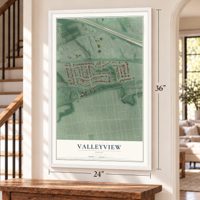 Valleyview, Ohio map, 24 x 36 inch print in a white frame by a staircase