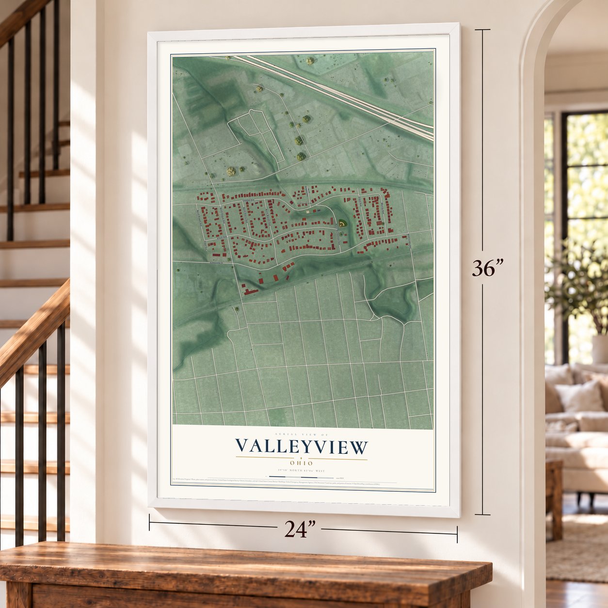 Valleyview, Ohio map, 24 x 36 inch print in a white frame by a staircase