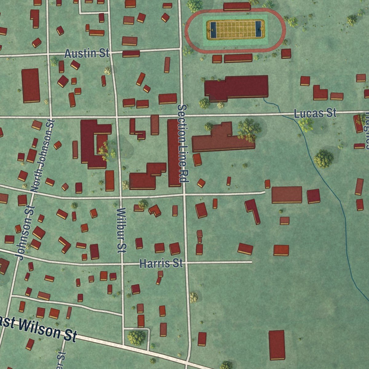 Second close-up of the map of Valliant, Oklahoma print showing more streets and buildings