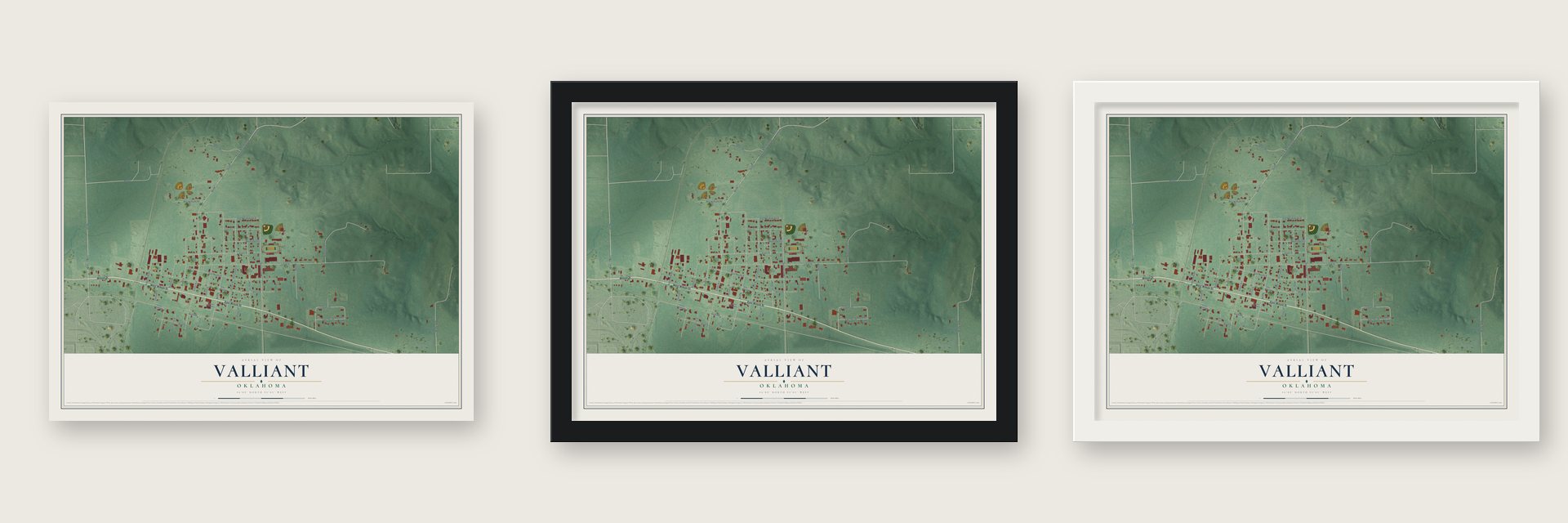 Valliant, Oklahoma map unframed, in a black wood frame and in a white wood frame