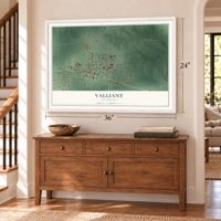 Valliant, Oklahoma map, 24 x 36 inch print in a white frame above a dresser by a staircase