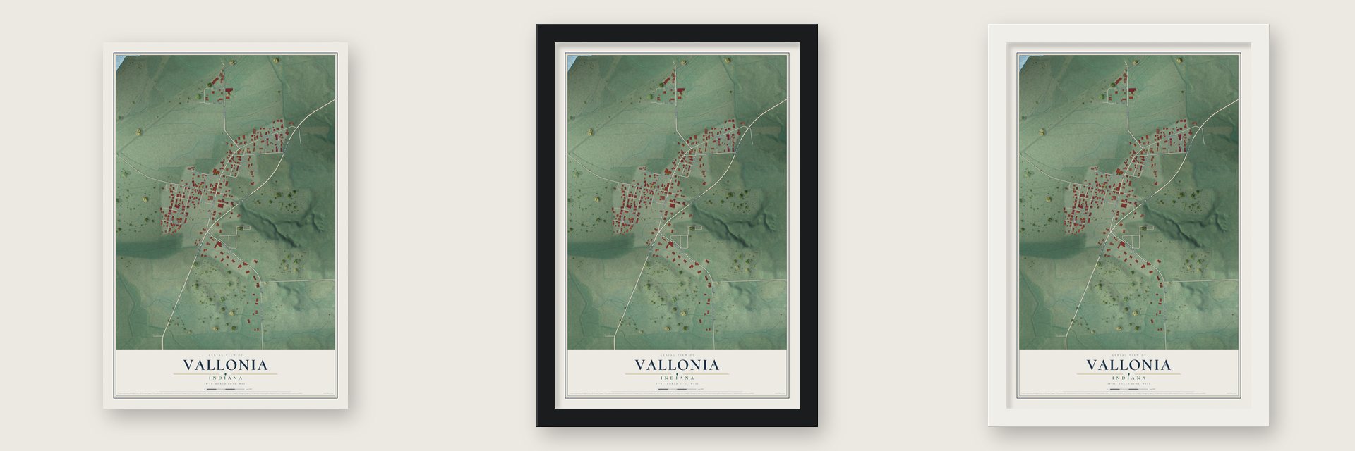 Vallonia, Indiana map unframed, in a black wood frame and in a white wood frame