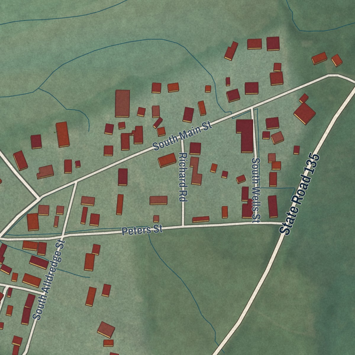 Second close-up of the map of Vallonia, Indiana print showing more streets and buildings