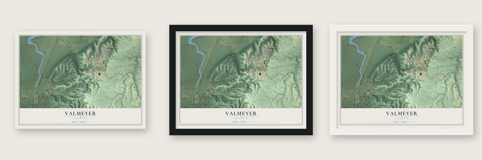 Valmeyer, Illinois map unframed, in a black wood frame and in a white wood frame
