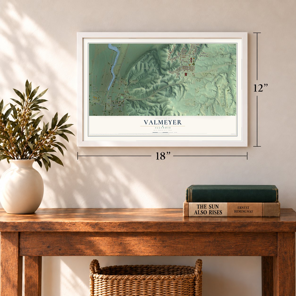 Valmeyer, Illinois map, 12 x 18 inch print in a white frame in an entryway