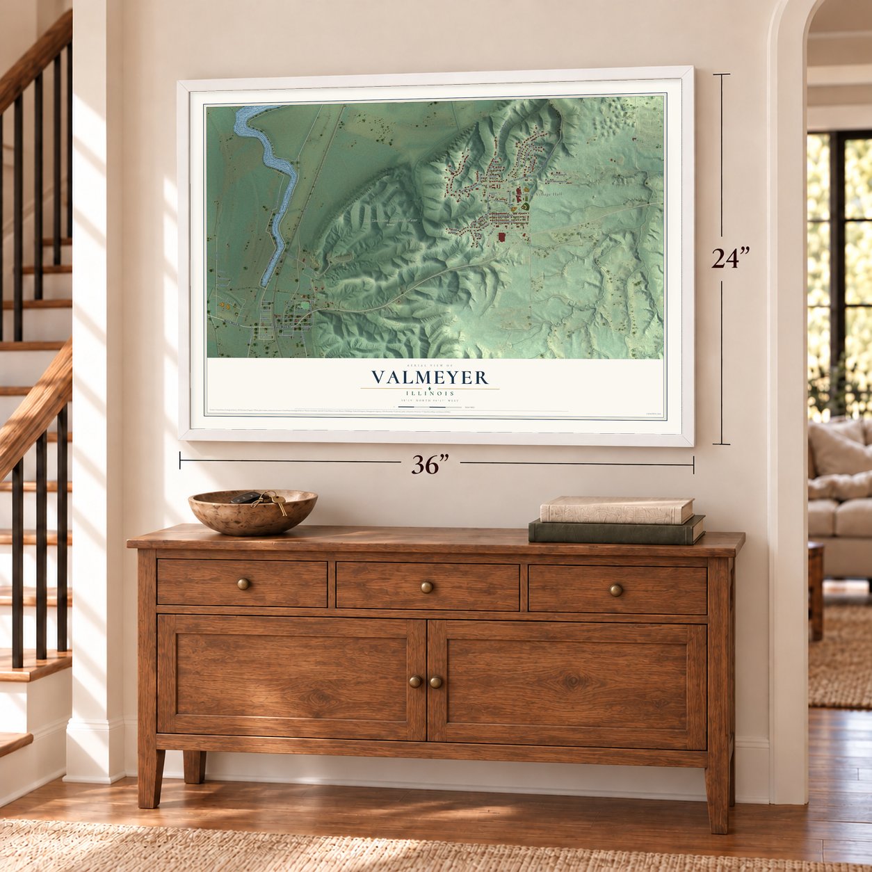 Valmeyer, Illinois map, 24 x 36 inch print in a white frame above a dresser by a staircase