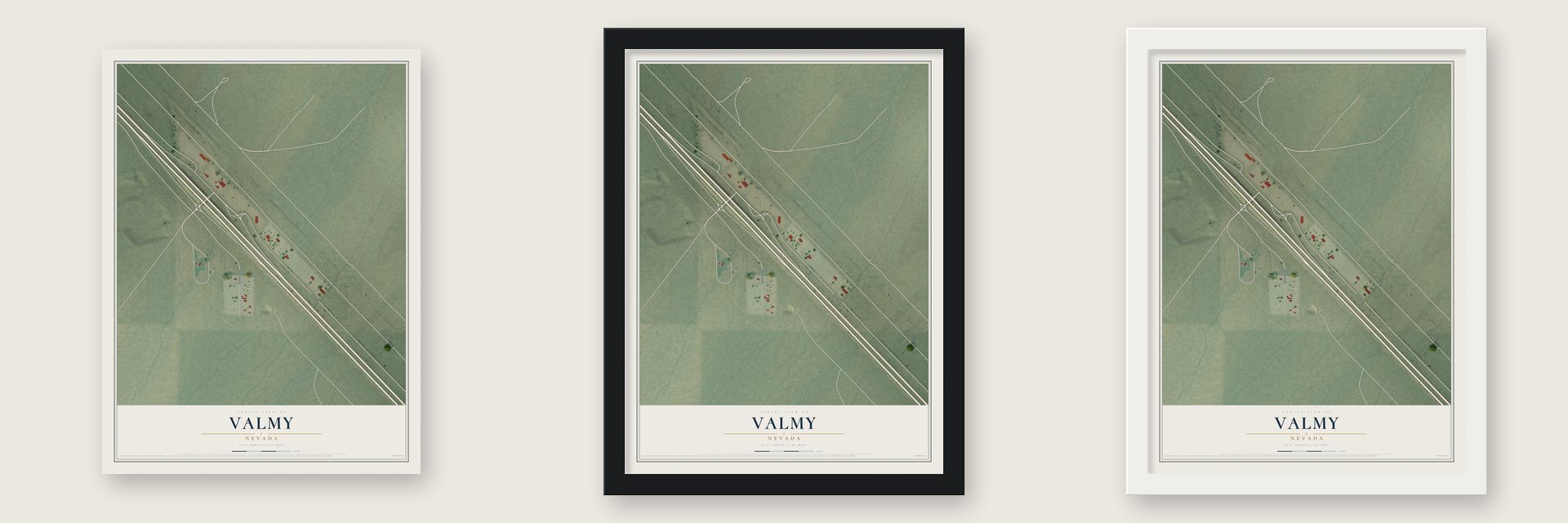 Valmy, Nevada map unframed, in a black wood frame and in a white wood frame