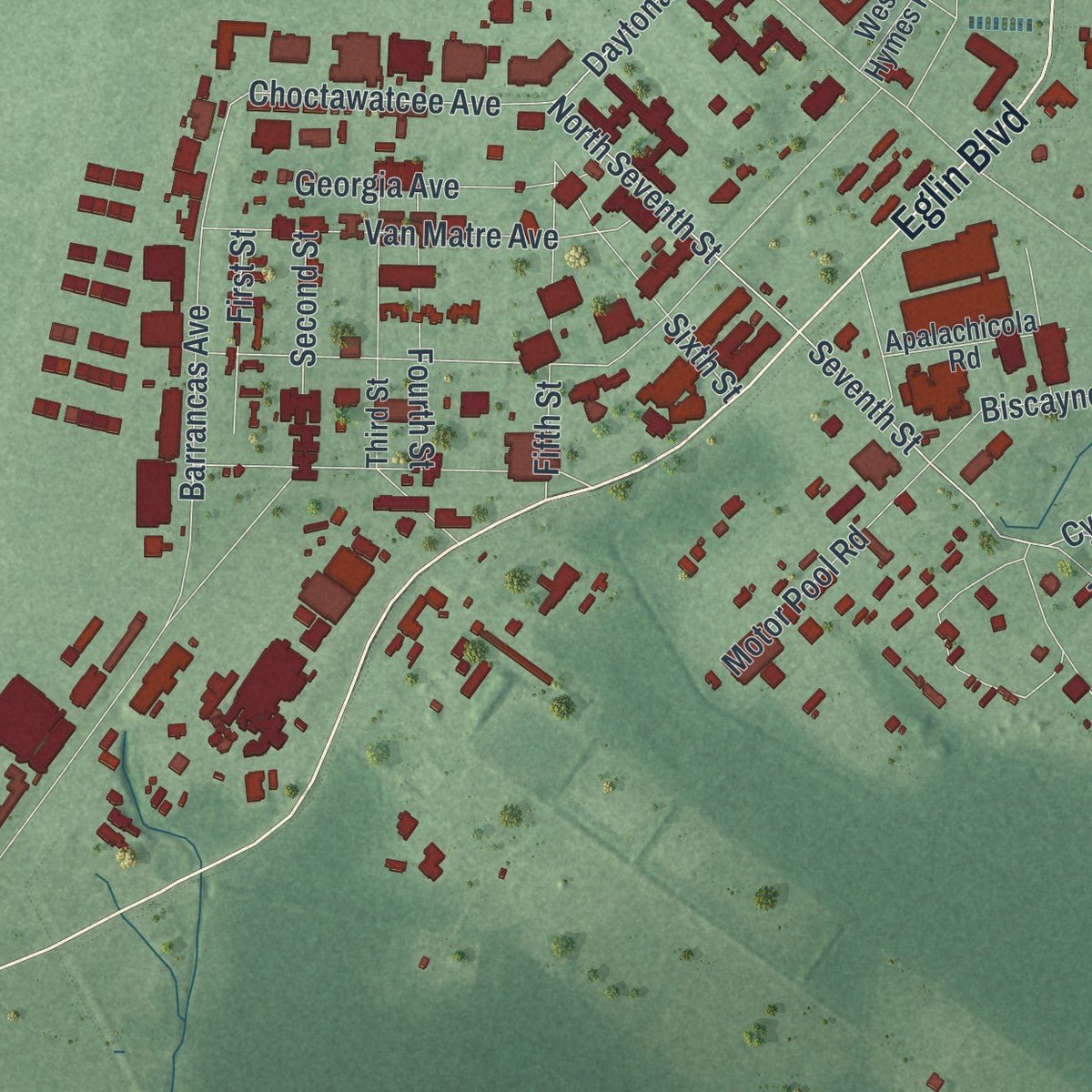 Second close-up of the map of Valparaiso, Florida print showing more streets and buildings