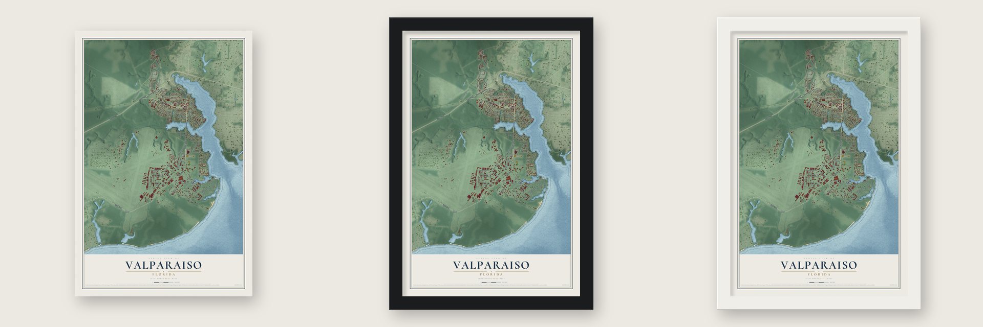 Valparaiso, Florida map unframed, in a black wood frame and in a white wood frame
