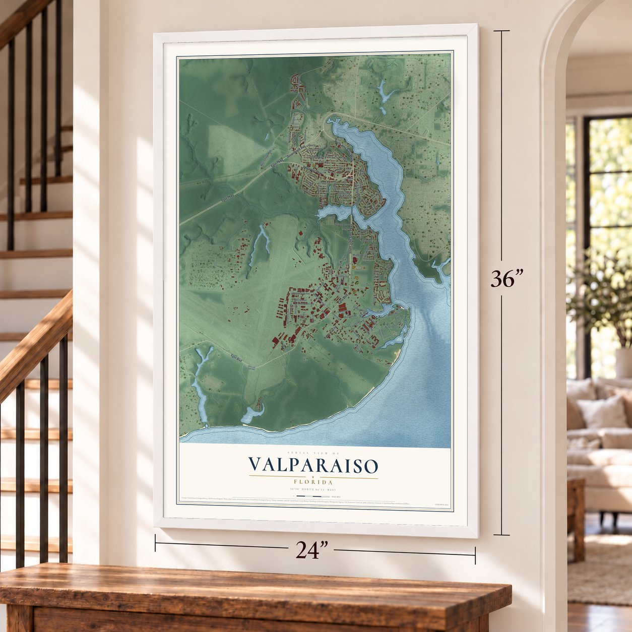 Valparaiso, Florida map, 24 x 36 inch print in a white frame by a staircase