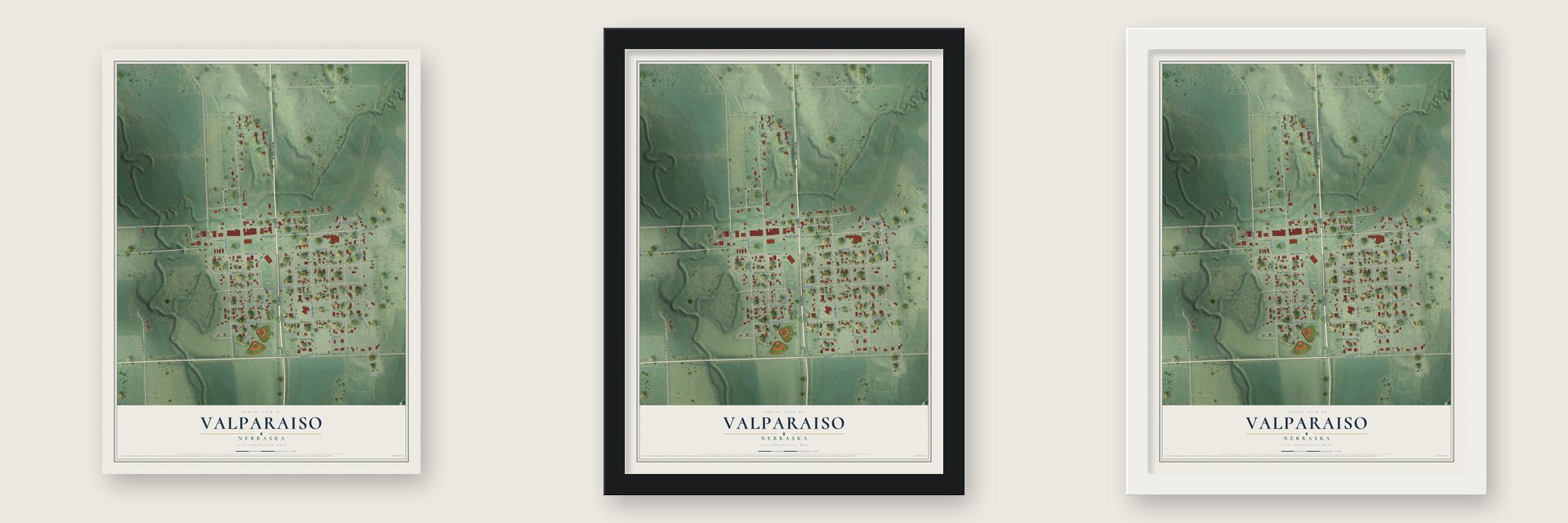 Valparaiso, Nebraska map unframed, in a black wood frame and in a white wood frame