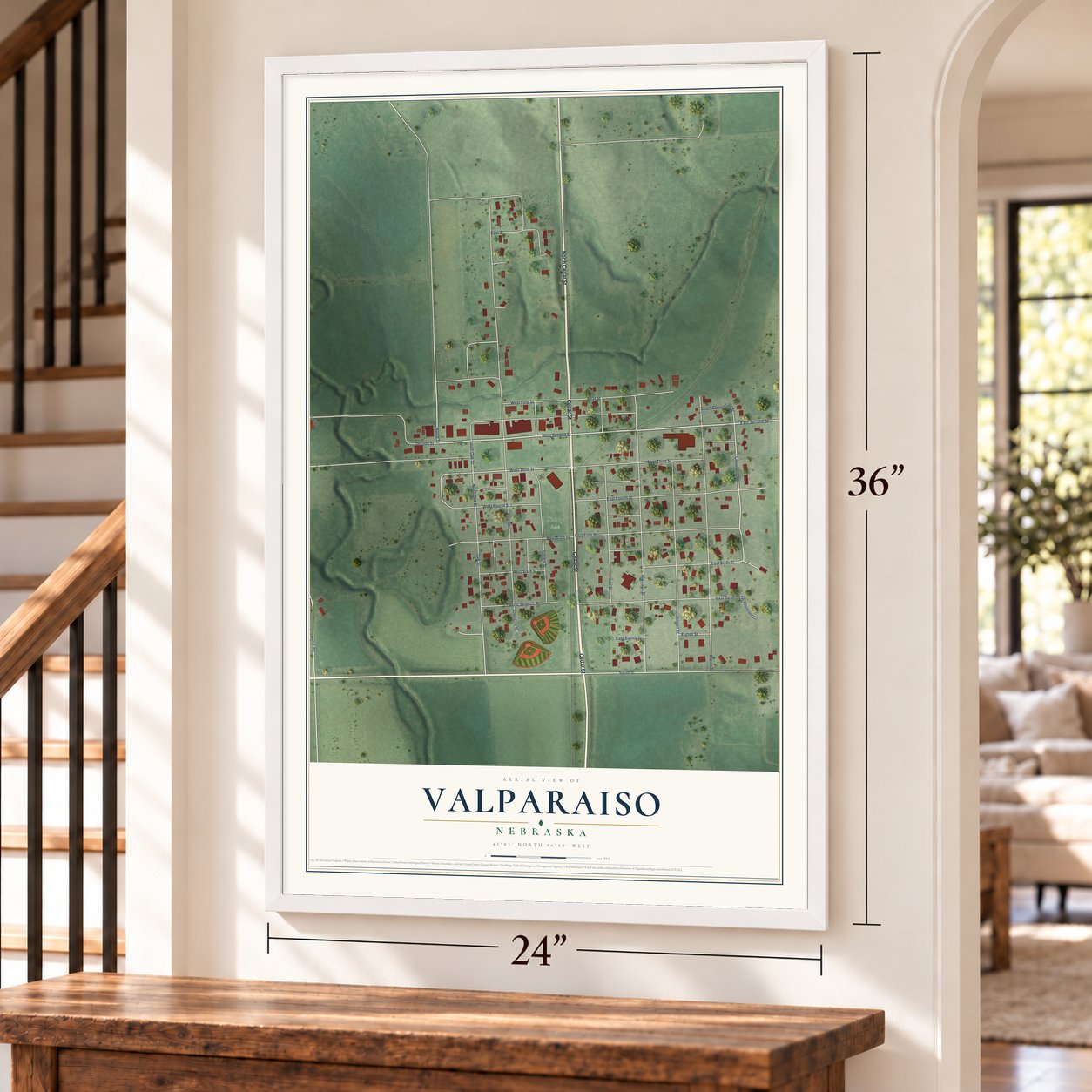 Valparaiso, Nebraska map, 24 x 36 inch print in a white frame by a staircase
