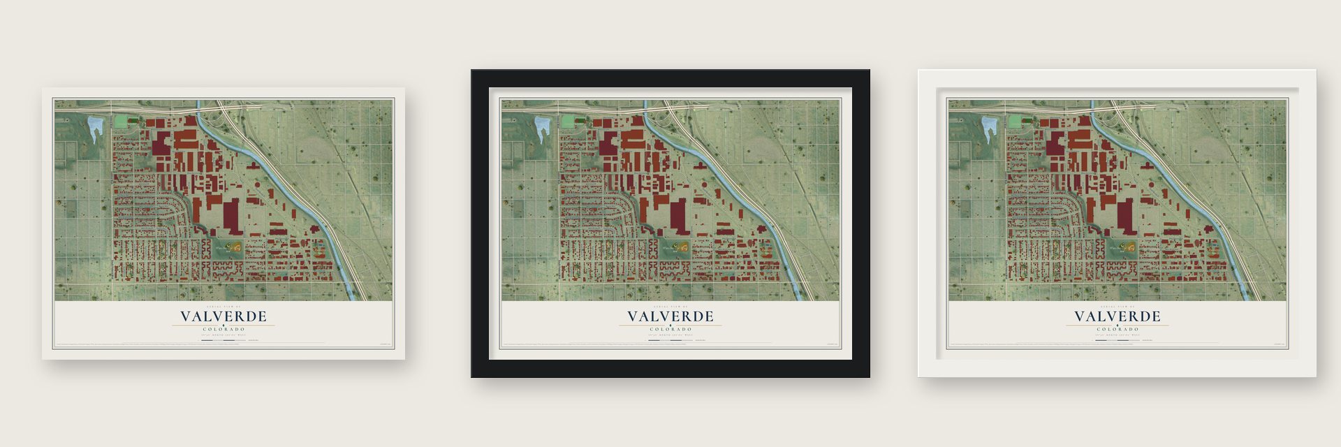 Valverde, Colorado map unframed, in a black wood frame and in a white wood frame