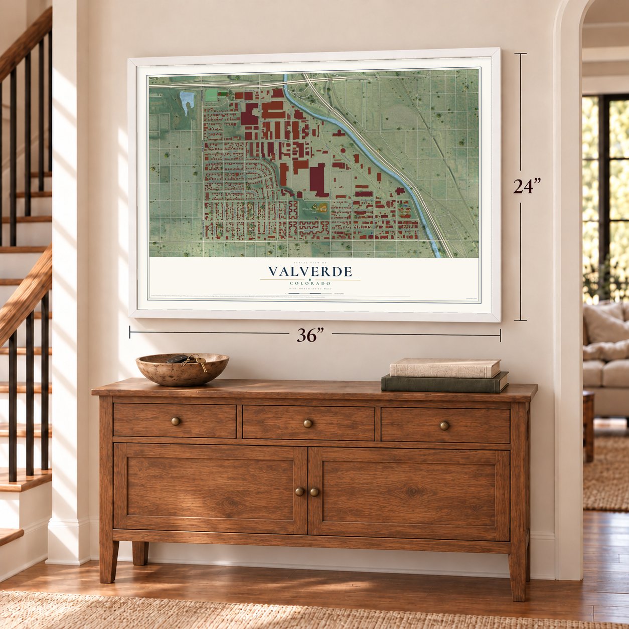 Valverde, Colorado map, 24 x 36 inch print in a white frame above a dresser by a staircase