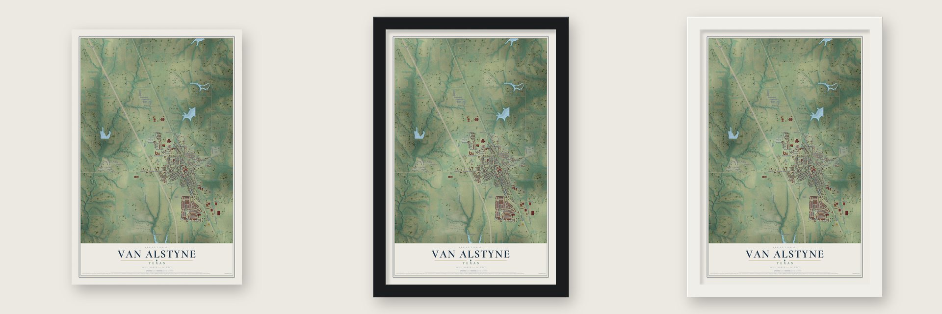 Van Alstyne, Texas map unframed, in a black wood frame and in a white wood frame