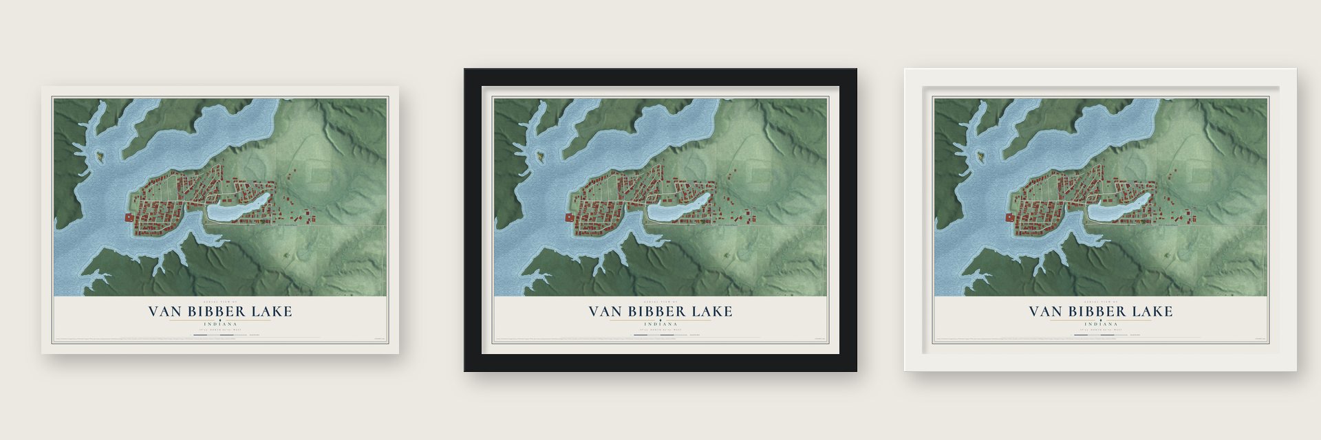 Van Bibber Lake, Indiana map unframed, in a black wood frame and in a white wood frame