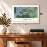 Van Bibber Lake, Indiana map, 12 x 18 inch print in a white frame in an entryway
