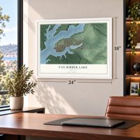 Van Bibber Lake, Indiana map, 18 x 24 inch print in a white frame in a home office