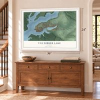 Van Bibber Lake, Indiana map, 24 x 36 inch print in a white frame above a dresser by a staircase