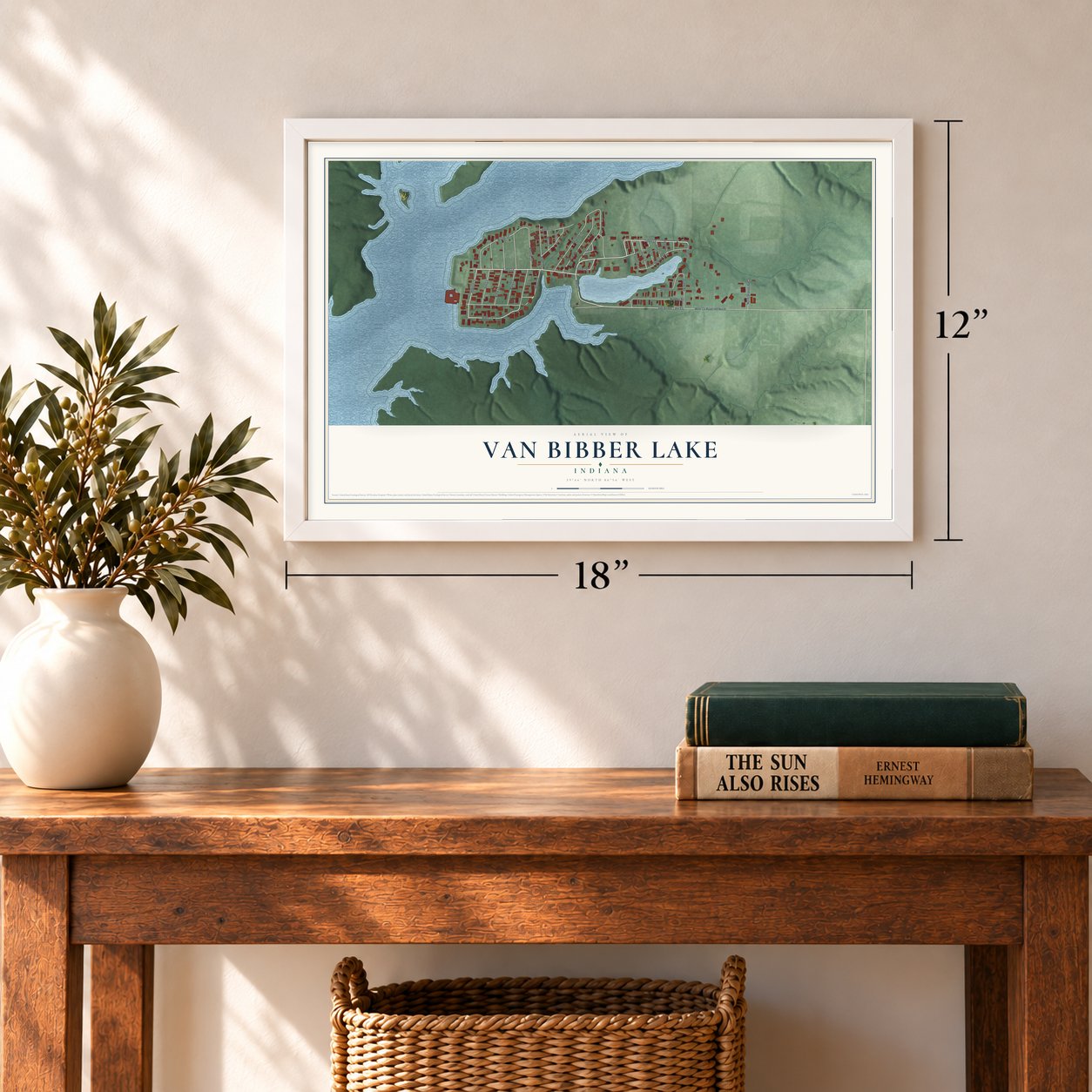 Van Bibber Lake, Indiana map, 12 x 18 inch print in a white frame in an entryway