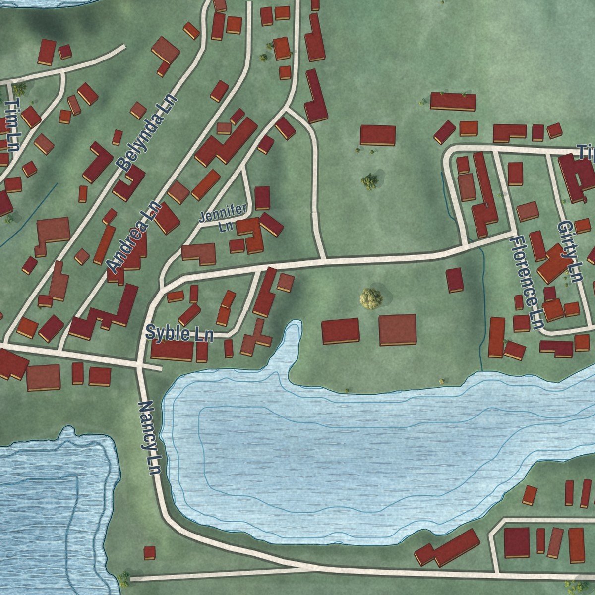 Second close-up of the map of Van Bibber Lake, Indiana print showing more streets and buildings