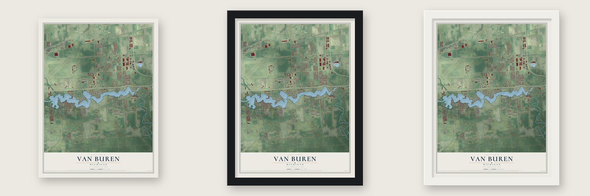 Van Buren, Michigan map unframed, in a black wood frame and in a white wood frame