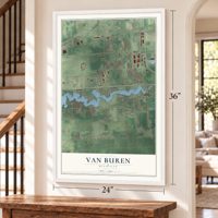 Van Buren, Michigan map, 24 x 36 inch print in a white frame by a staircase