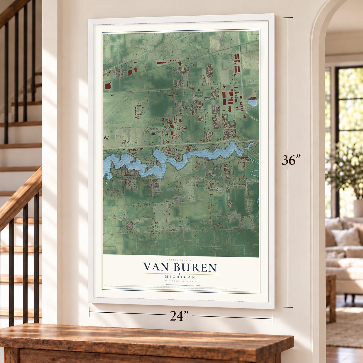 Van Buren, Michigan map, 24 x 36 inch print in a white frame by a staircase