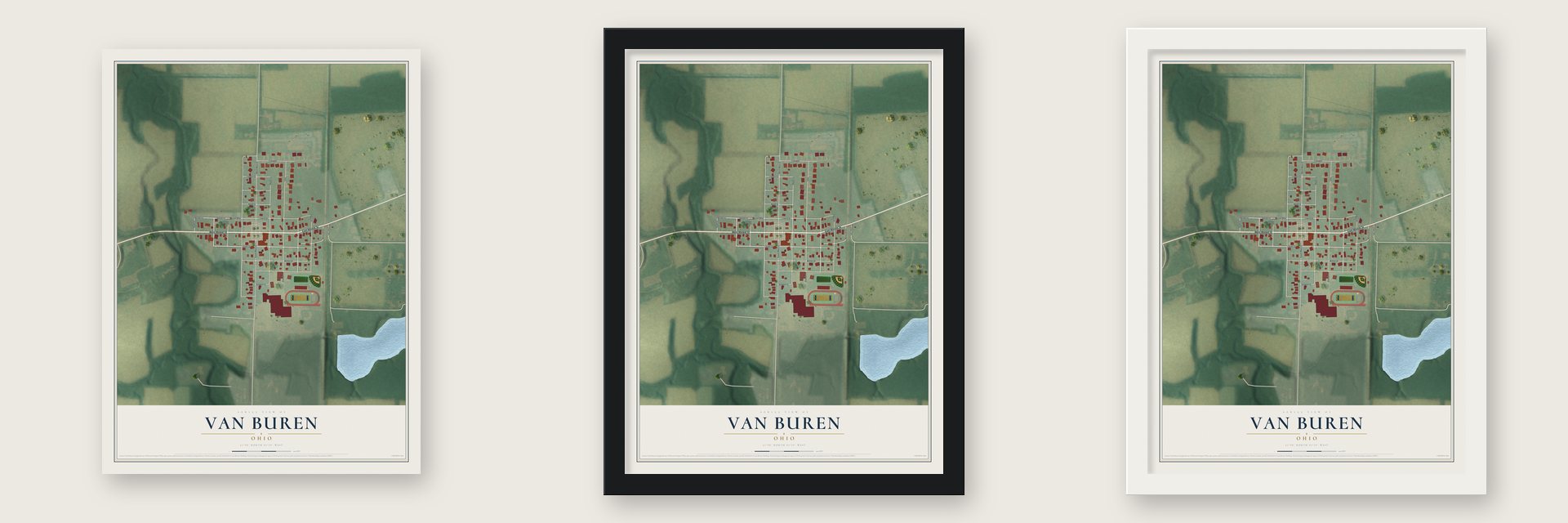 Van Buren, Ohio map unframed, in a black wood frame and in a white wood frame