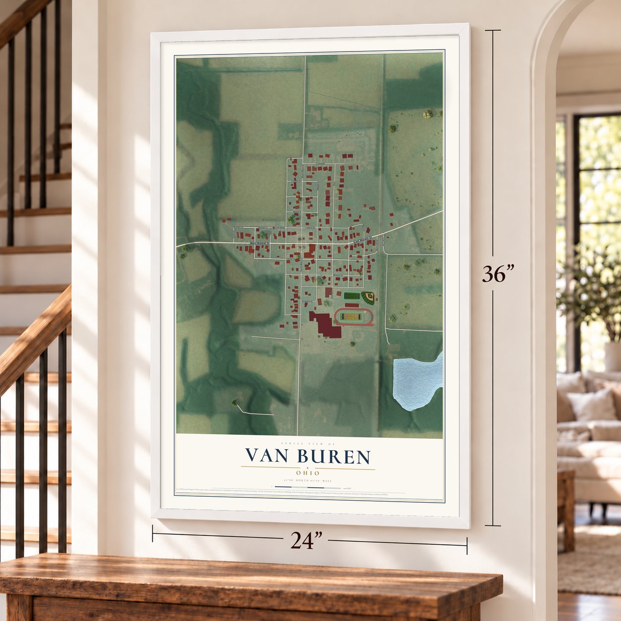 Van Buren, Ohio map, 24 x 36 inch print in a white frame by a staircase