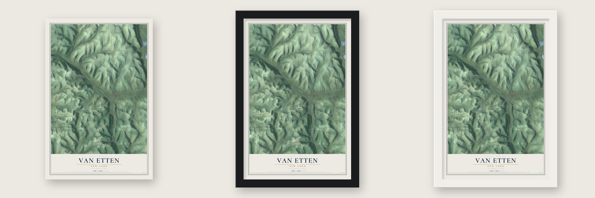 Van Etten, New York map unframed, in a black wood frame and in a white wood frame