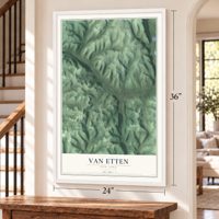 Van Etten, New York map, 24 x 36 inch print in a white frame by a staircase