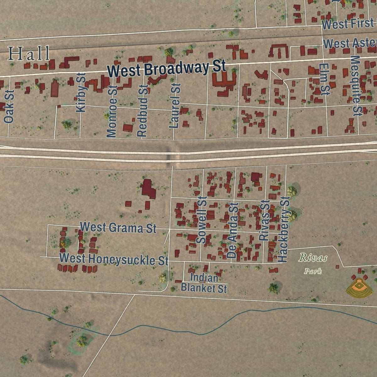 Second close-up of the map of Van Horn, Texas print showing more streets and buildings