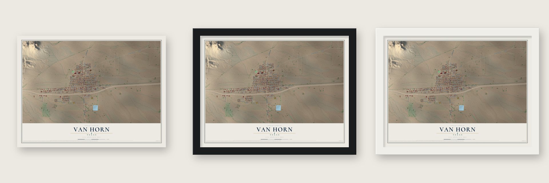 Van Horn, Texas map unframed, in a black wood frame and in a white wood frame
