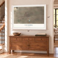 Van Horn, Texas map, 24 x 36 inch print in a white frame above a dresser by a staircase