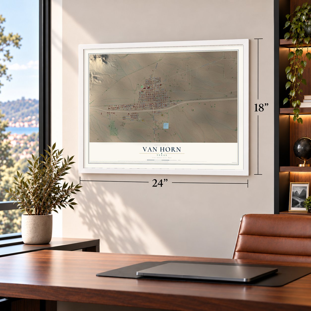 Van Horn, Texas map, 18 x 24 inch print in a white frame in a home office