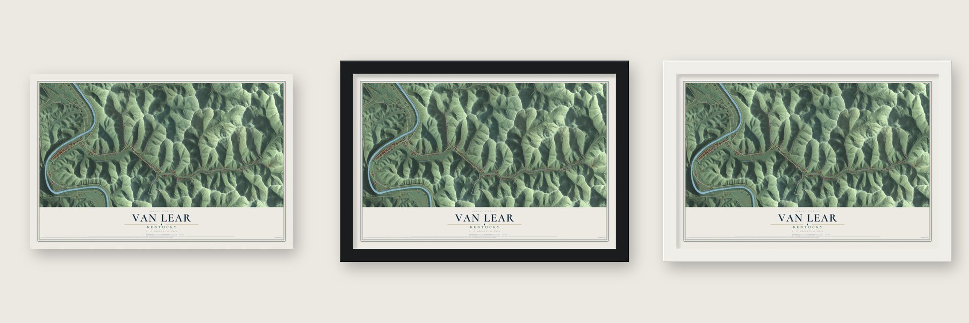 Van Lear, Kentucky map unframed, in a black wood frame and in a white wood frame